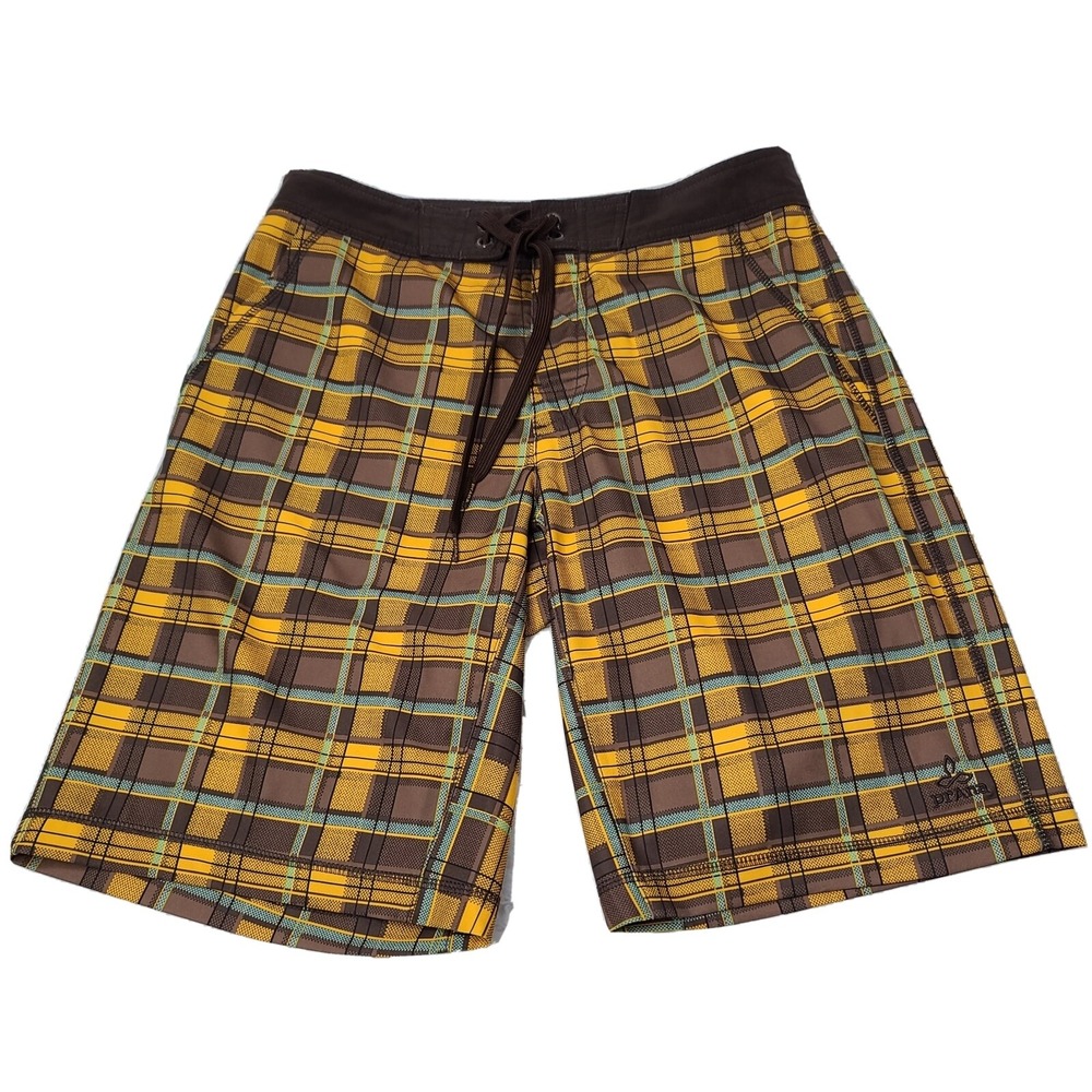 Prana Mens Size 30 Plaid Brown/mustard/blue Board Short Swim Trunks Quick Dry EC